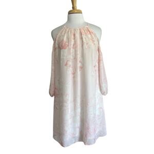 American Living Dress Sz 14 Romantic Pink Floral Cold Shoulder Zippered Summer